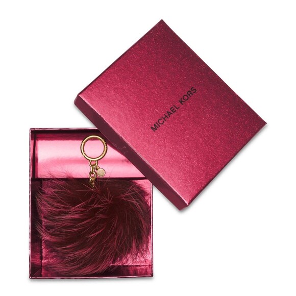 Michael Kors Large Fox Fur Pom Poms In Cherry Red Gold Hardware Keychain Box - Picture 8 of 8